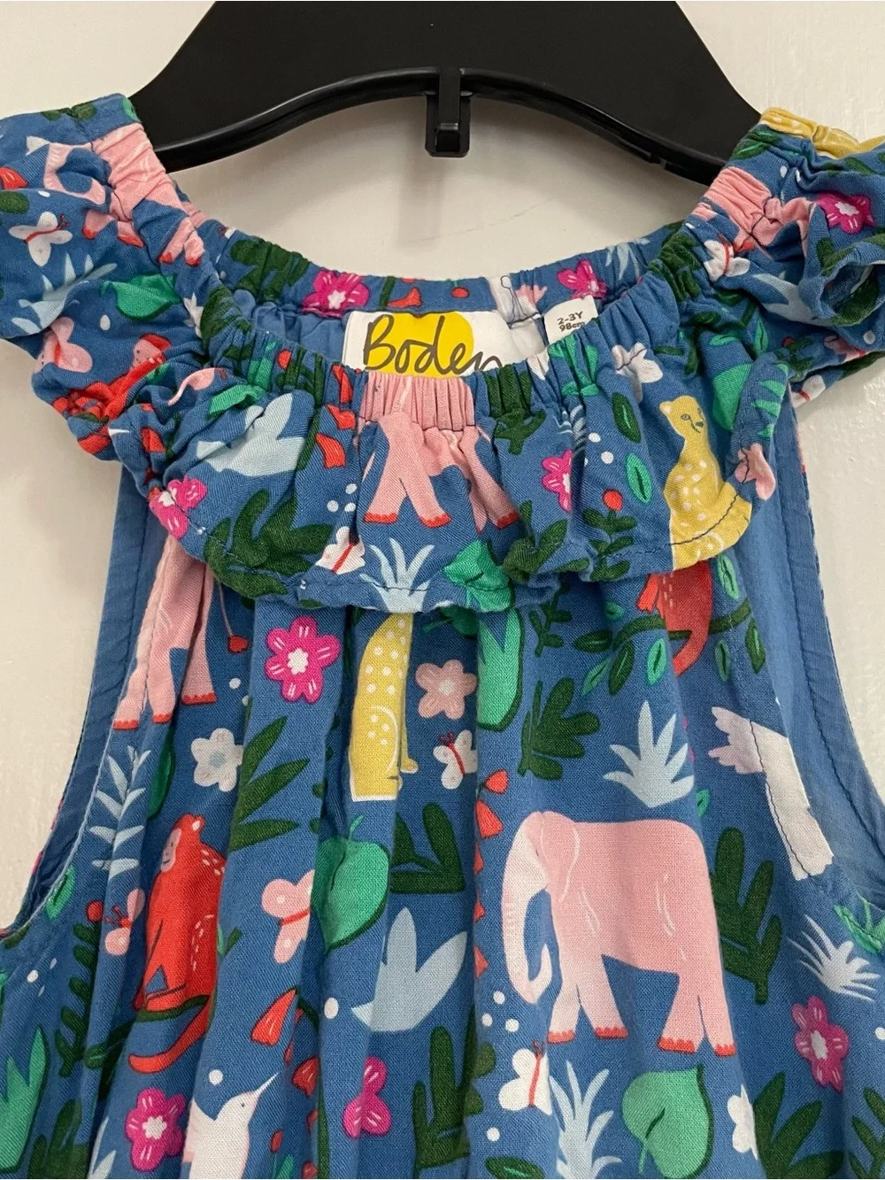 Boden Girls' Blue Jungle Animal Print Romper with Neon Drawstring 2-3 years